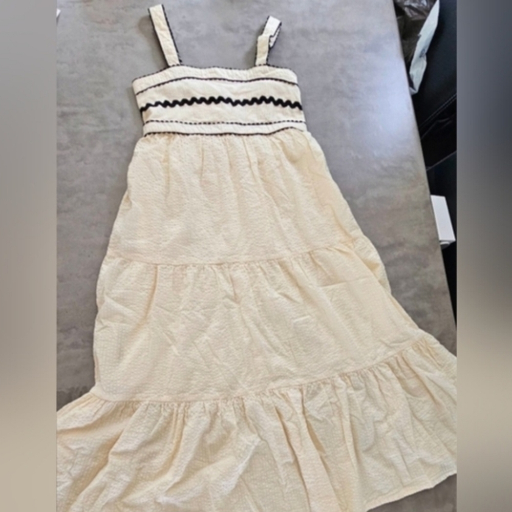 Japna Cream Cotton Tiered Midi Dress Black Ric Rac Trim Smocked Boho S - Picture 9 of 10